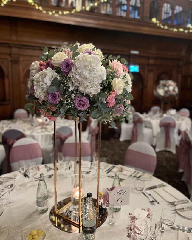 Rhinefield Centrepiece Pinks - Claire and Vijay.JPG